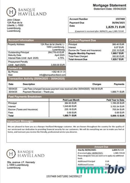 Luksemburg Banque Havilland wyciąg z kredytu hipotecznego szablon Word i PDF